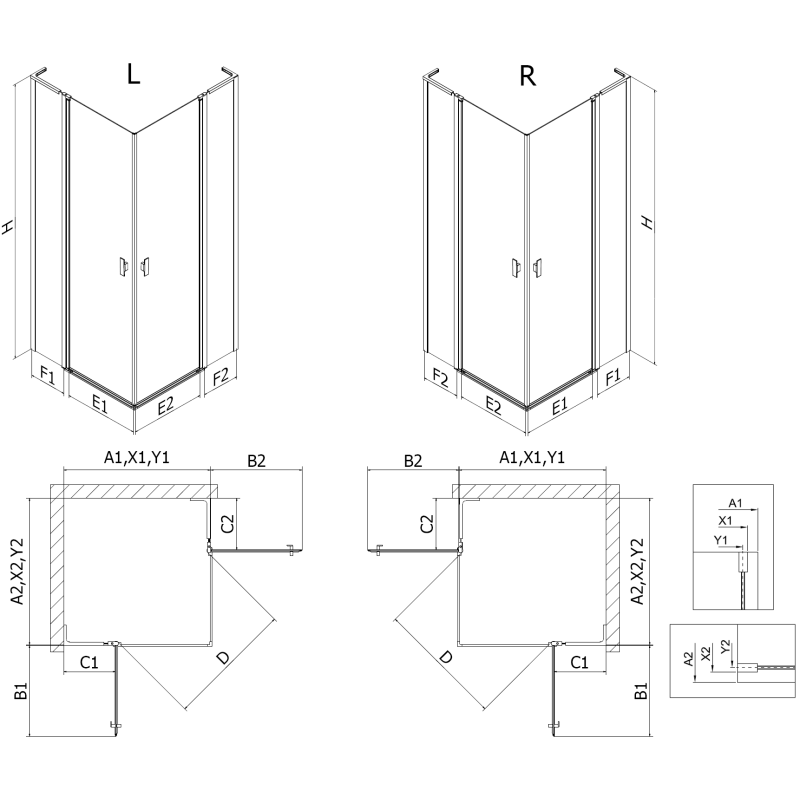 Mexen Mist L Duo dušo kabina atidaroma 90 x 90 cm, skaidri, šlifuota varis - 8A4L-090-090-65-00