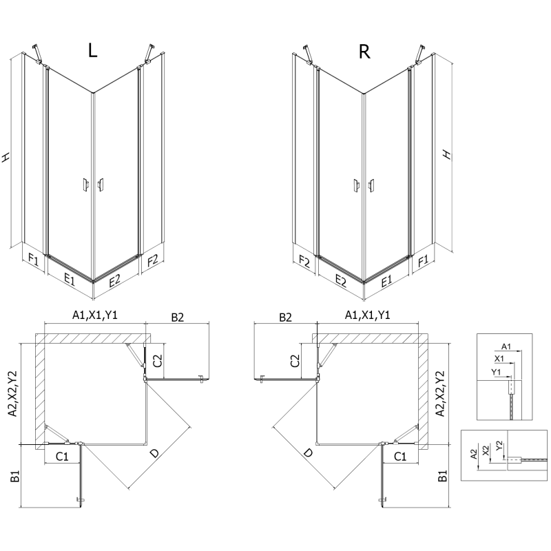 Mexen Mist Duo vonios kambario durys 120 x 85 cm, juodas rėmas, juodas - 8A4-120L-085P-70-70