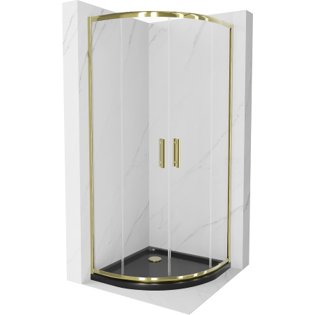 Mexen Rio pusapvalė dušo kabina 90 x 90 cm, skaidri, auksinė + juodas plokščias padėklas - 863-090-090-50-00-4170G
