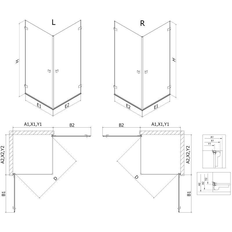 Mexen Lunar-B Duo dušo kabina atsiverianti 100 x 85 cm, permatoma, šlifuoto nikelio - 832-100L-085P-97-00