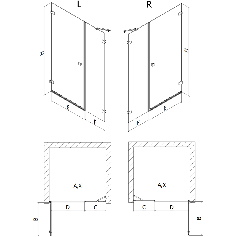 Mexen Lunar-B kairiosios pusės dušo durys 150 cm, permatomos, šlifuotas auksas - 832S-150-050-55-00-L