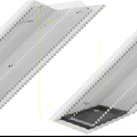 Mexen Roma 90 x 90 cm atveriama dušo kabina, skaidri, auksinė + lygus juodas padėklas - 854-090-090-50-00-4070G