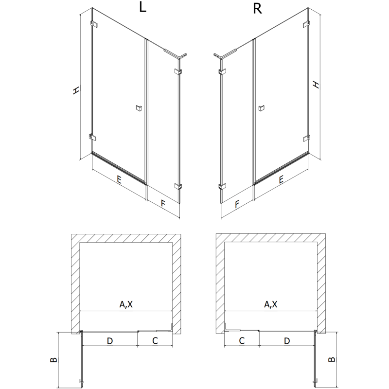 Mexen Lunar-B L dušo durys, atveriamos kairiosios 135 cm, skaidrios, auksinės - 832SL-135-050-50-00-L