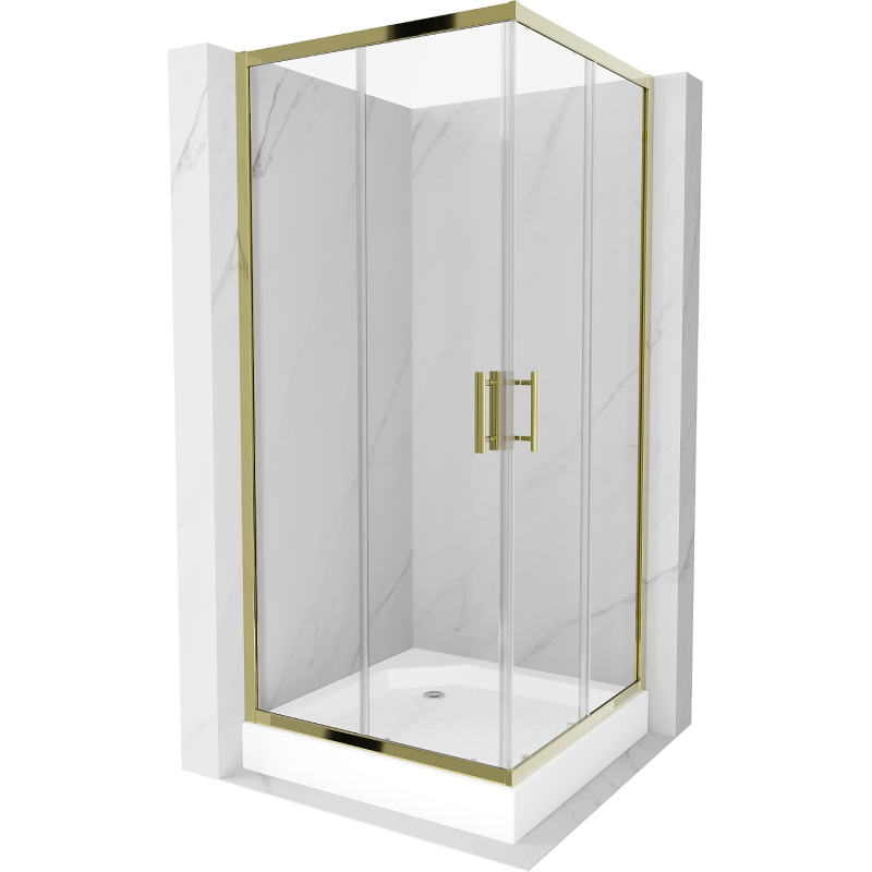 Mexen Rio kvadratinė dušo kabina 90 x 90 cm, permatoma, auksinė + baltas padėklas - 860-090-090-50-00-4510