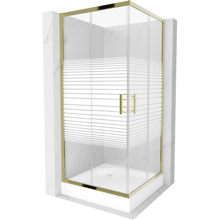 Mexen Rio kvadratinė dušo kabina 90 x 90 cm, baltos juostos, auksinė + kepurė, balta - 860-090-090-50-20-4510