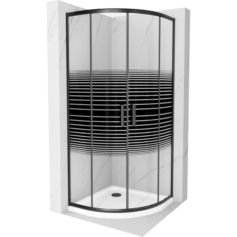 Mexen Rio pusapvalė dušo kabina 90 x 90 cm, juodi ruožai, juoda + Flat padėklas, baltas - 863-090-090-70-20-4110B