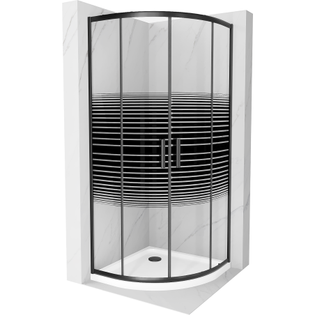 Mexen Rio pusapvalė dušo kabina 90 x 90 cm, juostos, juoda + plokščias padėklas, baltas - 863-090-090-70-20-4110B