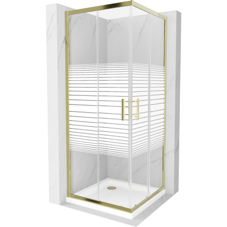 Mexen Rio kvadratinė dušo kabina 70 x 70 cm, baltos juostos, auksinė + plokščias padėklas, baltas - 860-070-070-50-20-4010G