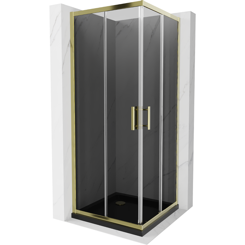 Mexen Rio kvadratinė dušo kabina 90 x 90 cm, grafitas, auksinė + Flat padėklas, juodas - 860-090-090-50-40-4070G
