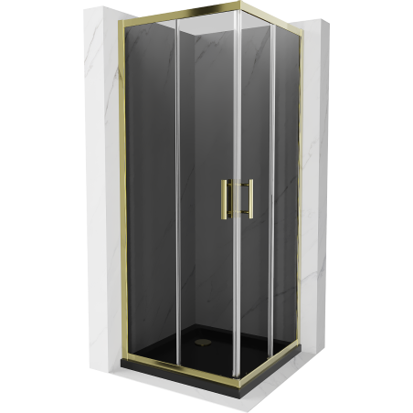 Mexen Rio kvadratinė dušo kabina 90 x 90 cm, grafitas, auksinė + Flat padėklas, juodas - 860-090-090-50-40-4070G