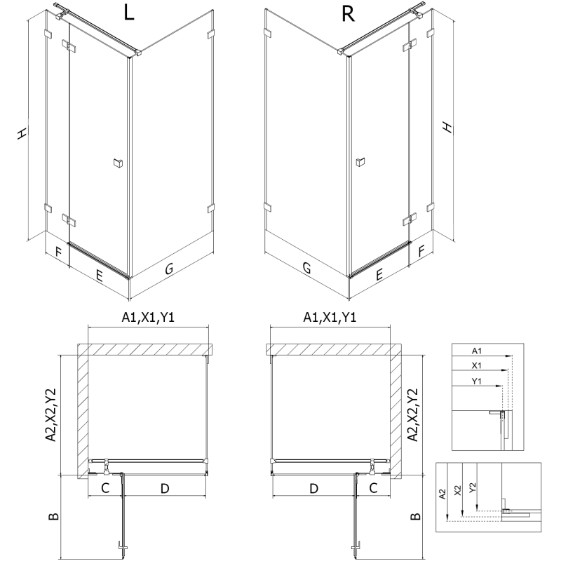 Mexen Lunar T atveriama kairė dušo kabina 130 x 110 cm, permatoma, rožinis auksas - 834T-130-110-60-00-L