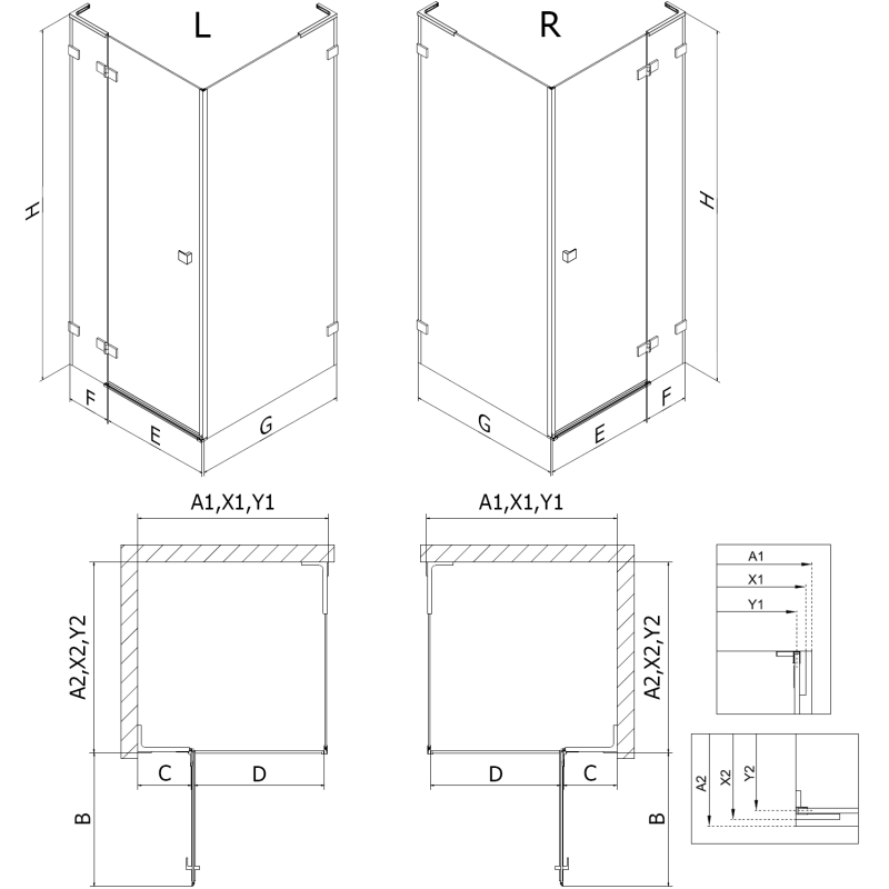 Mexen Lunar L left-side hinged shower cabin 100 x 70 cm, transparent, gold - 834L-100-070-50-00-L