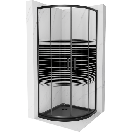 Mexen Rio pusapvalė dušo kabina 90 x 90 cm, juodos juostos, juoda + Flat dušo padėklas, juodas - 863-090-090-70-20-4170B