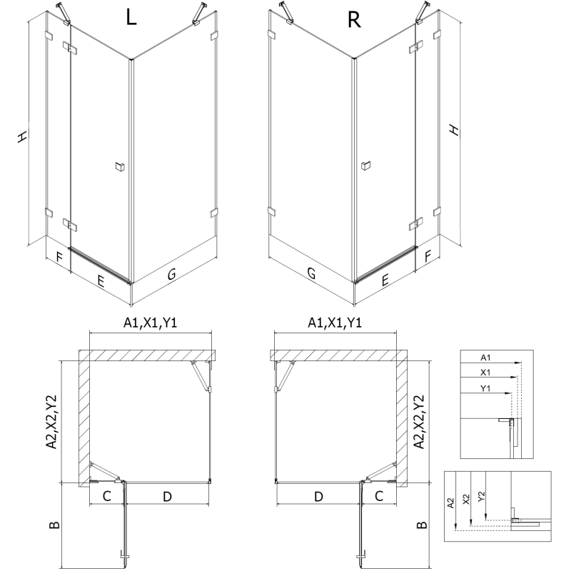 Mexen Lunar dešinėje pusėje atsidaranti dušo kabina 85 x 70 cm, permatoma, ginklų metalo spalva - 834-085-070-95-00-P