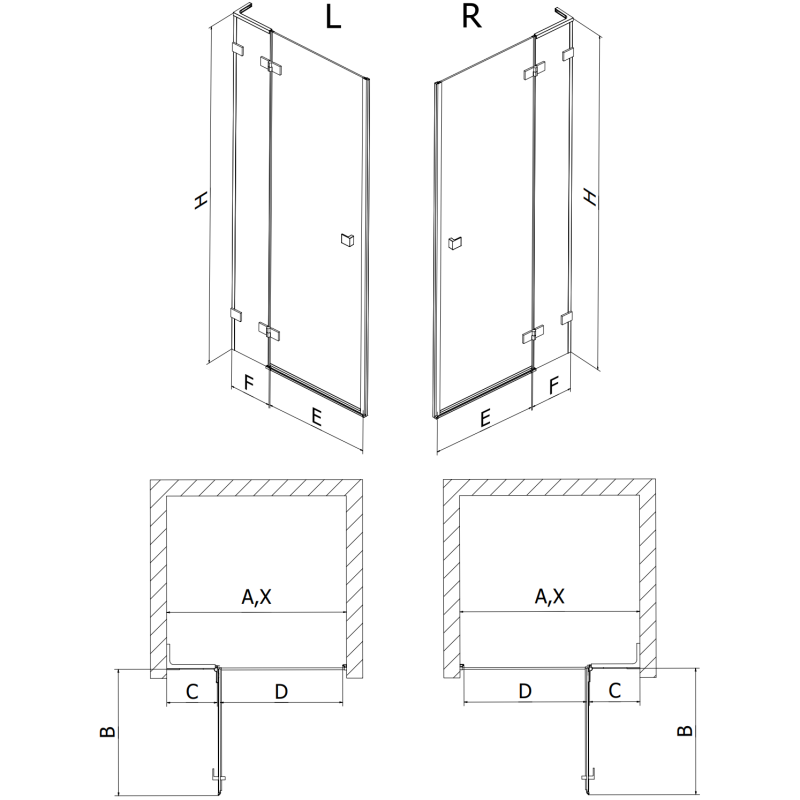 Mexen Lunar L kairiosios dešinės dušo durys 140 cm, permatomos, juodos - 834L-140-000-70-00-L