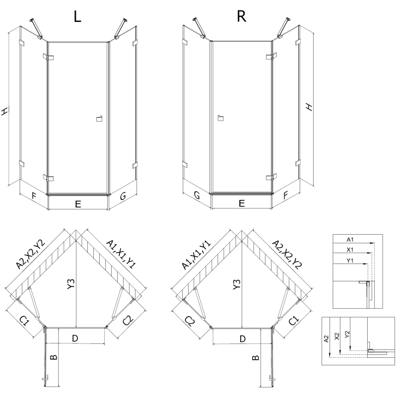Mexen Lunar penkiakampė pasukama kairė dušo kabina 90 x 90 cm, permatoma, juoda - 831-090L-090P-70-00-L