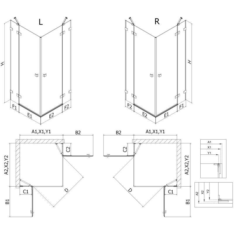 Mexen Lunar Dviguba dušo kabina su vertikaliu kairiu varstymu 120 x 95 cm, skaidrus, šlifuotas nikelis - 834-120L-095P-97-00