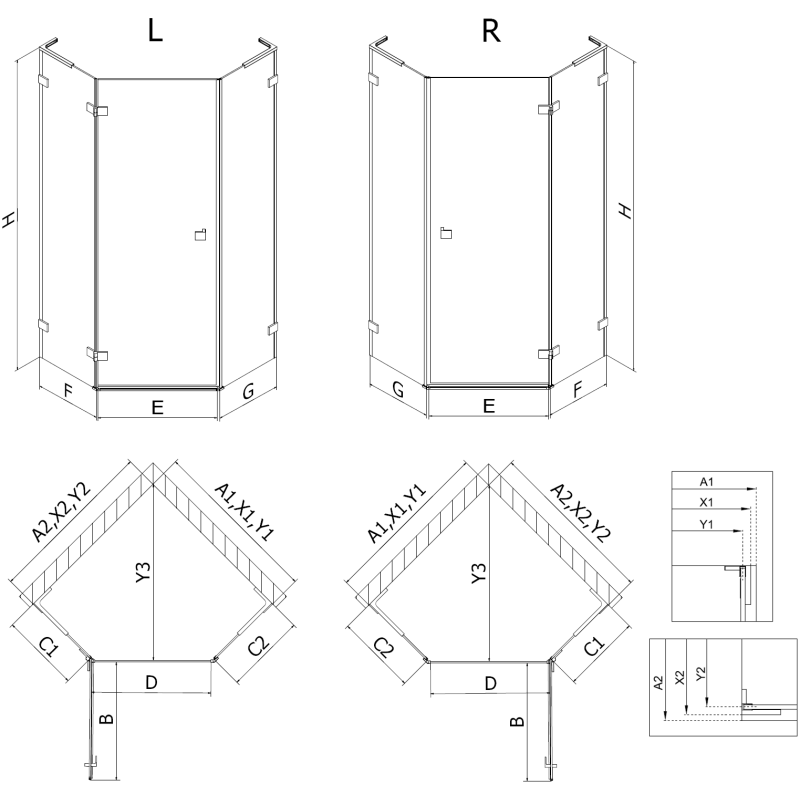Mexen Lunar L penkiakampė dušo kabina, dešinė, 80 x 80 cm, permatoma, rožinis auksas - 831L-080P-080L-60-00-P