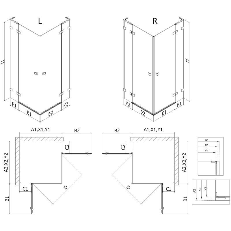 Mexen Lunar L Duo kairės pusės varstoma dušo kabina 120 x 105 cm, permatoma, šukuota varis - 834L-120L-105P-65-00