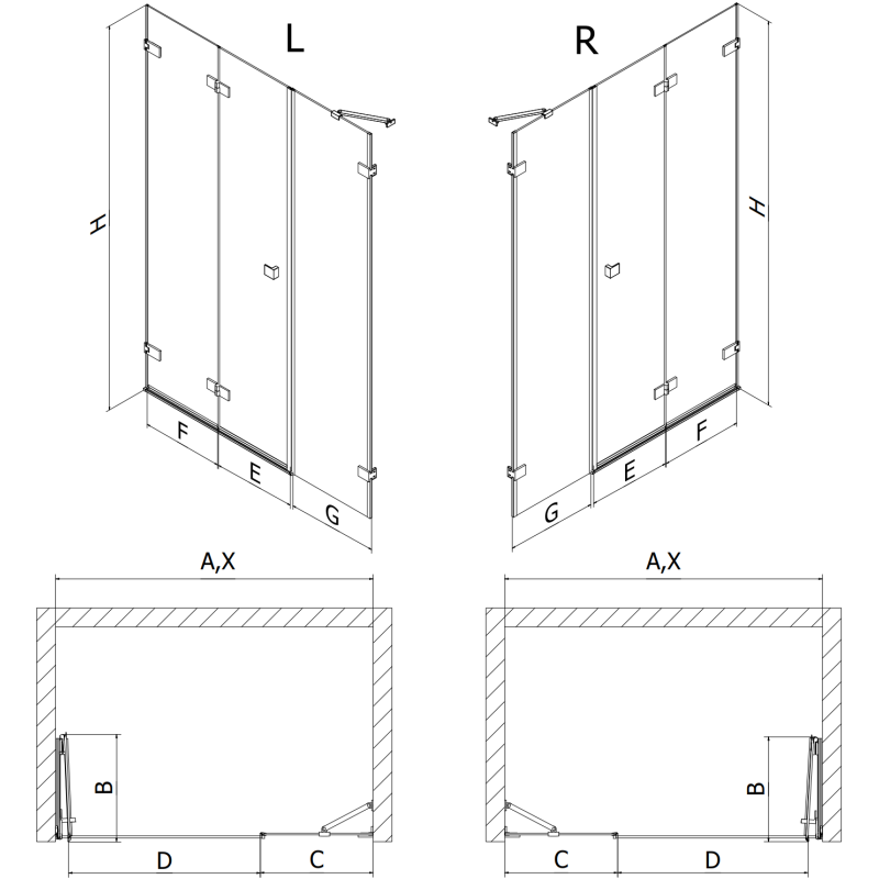 Mexen Lunar-F sulankstomos dušo durys kairės pusės 125 cm, skaidrios, baltos - 836S-125-050-20-00-L