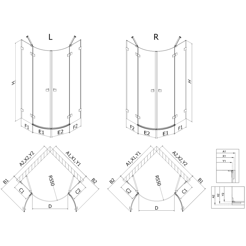 Mexen Lunar pusapvalė dušo kabina su atveriamomis durimis 90 x 90 cm, skaidri, šlifuota pistoletinė pilka - 833-090L-090P-66-00