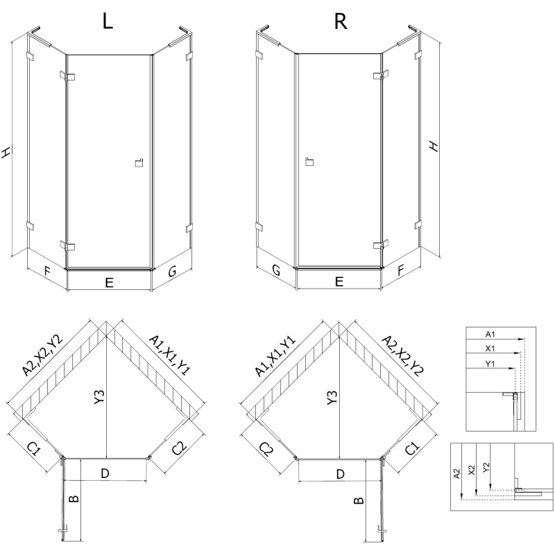 Mexen Lunar L penkiakampis dešinysis dušo kabina 90 x 100 cm, skaidrus, gun metal - 831L-090P-100L-95-00-P
