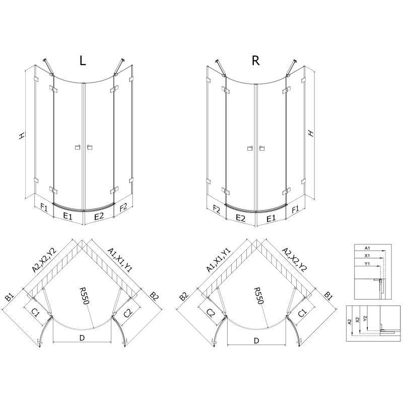 Mexen Lunar pusapvalė dušo kabina varstoma 80 x 80 cm, skaidri, šlifuotas nikelis - 833-080L-080P-97-00