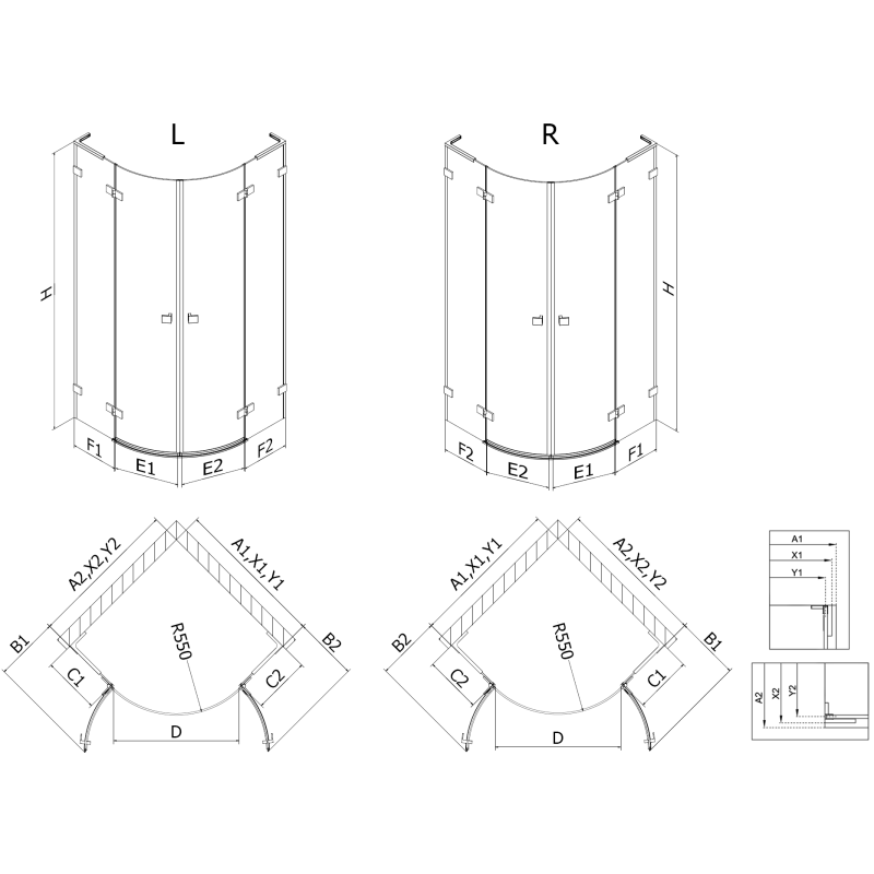 Mexen Lunar L puslankiučių atveriamos kairės pusės dušo kabina 90 x 80 cm, skaidri, auksinė - 833L-090L-080P-50-00