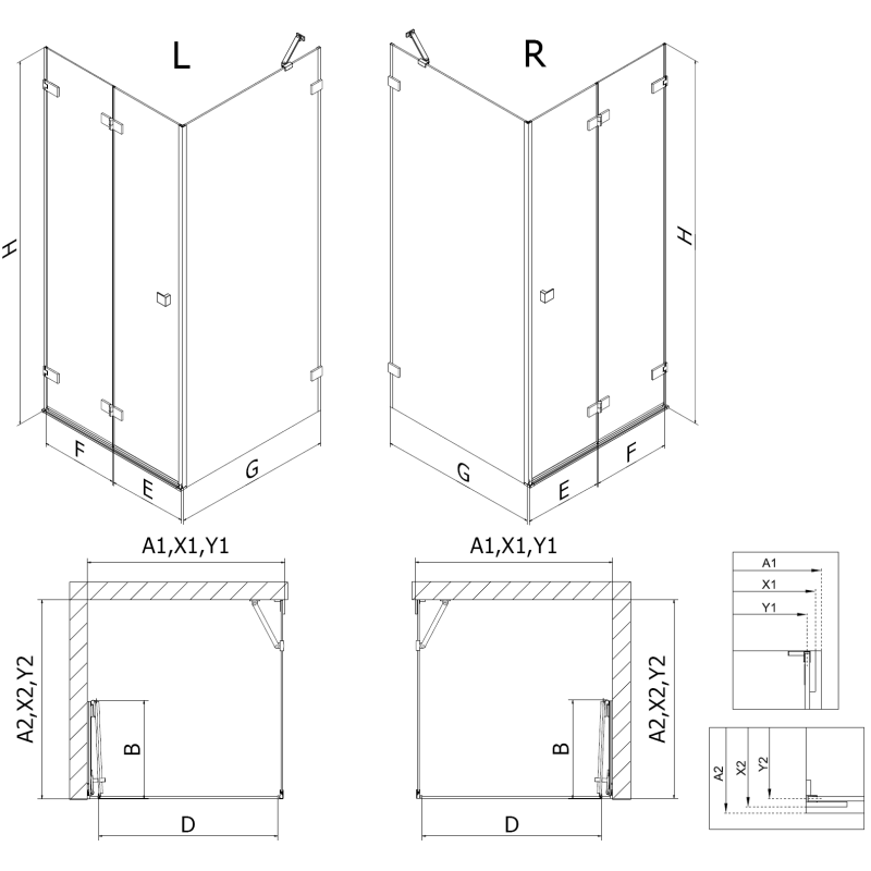Mexen Lunar-F sulankstoma kairioji dušo kabina 90 x 90 cm, skaidri, ginklų metalas - 836-090-090-95-00-L