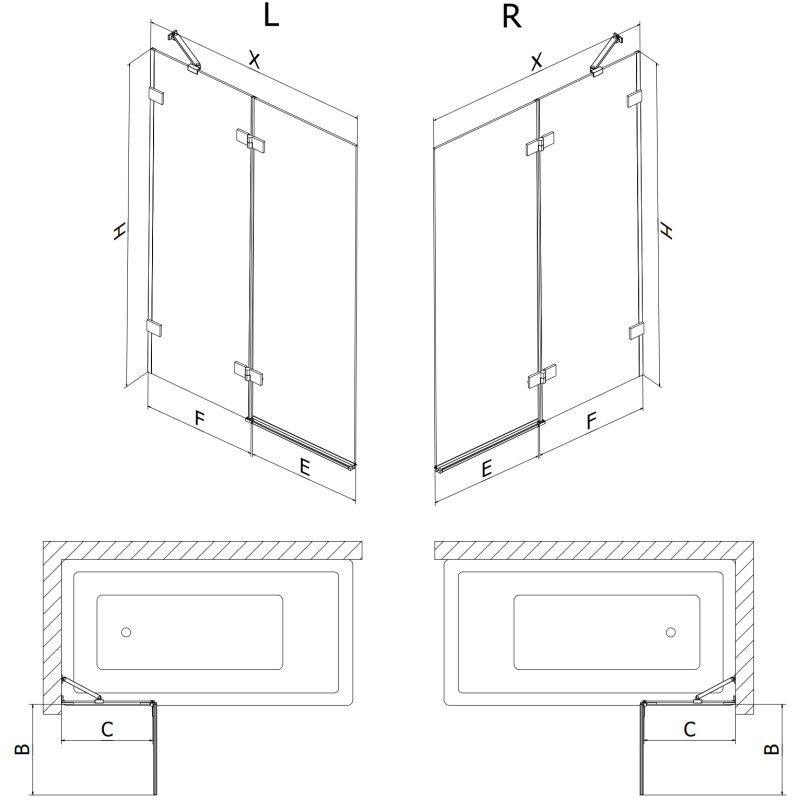 Mexen Lunar dvigeldžiai vonios ekranai, kairysis 140 x 150 cm, permatomas, baltas - 897-140-100-20-00-L