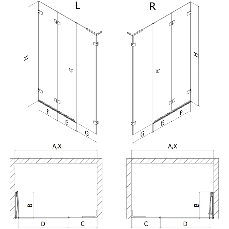 Mexen Lunar-F L sulankstomos dešinės pusės dušo durys 125 cm, skaidrios, baltos - 836SL-125-050-20-00-P