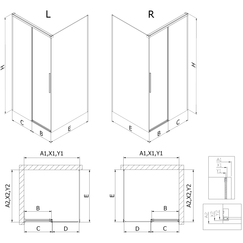 Mexen Rox 150 x 95 cm atidaromų durų dušo kabina, skaidri, šlifuota ginklų pilka - 8C2-150-095-66-00