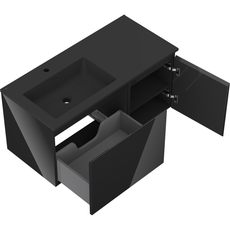 Mexen Orio vonios spintelė 100 cm su Otis kriaukle kairėje, 1S, 1D, juoda blizgi/juoda matinė - 91A13-10047-3-BBFF70-W18L71