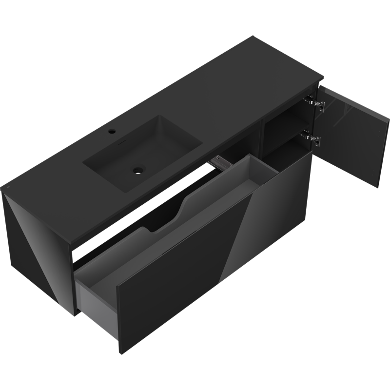 Mexen Orio vonios spintelė 160 cm su kriaukle Otis kairė, 1S, 1D, juodas blizgesys/juodas matinis - 91A13-16047-3-BBFF70-W18L71