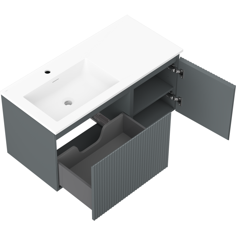 Mexen Rivel vonios kambario spintelė 100 cm su kairine Otis kriaukle, 1S, 1D, rifliuota, matinė grafito/balta