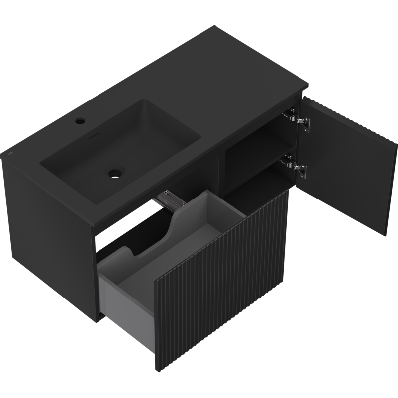 Mexen Rivel vonios spintelė 100 cm su praustuvu Otis kairėje, 1S, 1D, rifliuota, juoda matinė - 91A23-10047-3-BBFF71-W18L71