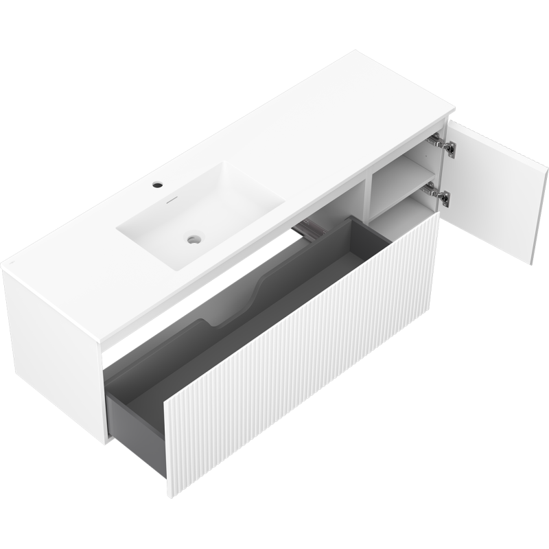 Mexen Rivel vonios kambario spintelė 160 cm su kriaukle Otis kairine, 1S, 1D, rifuota, balta mat - 91A23-16047-3-BBFF01-W18L01