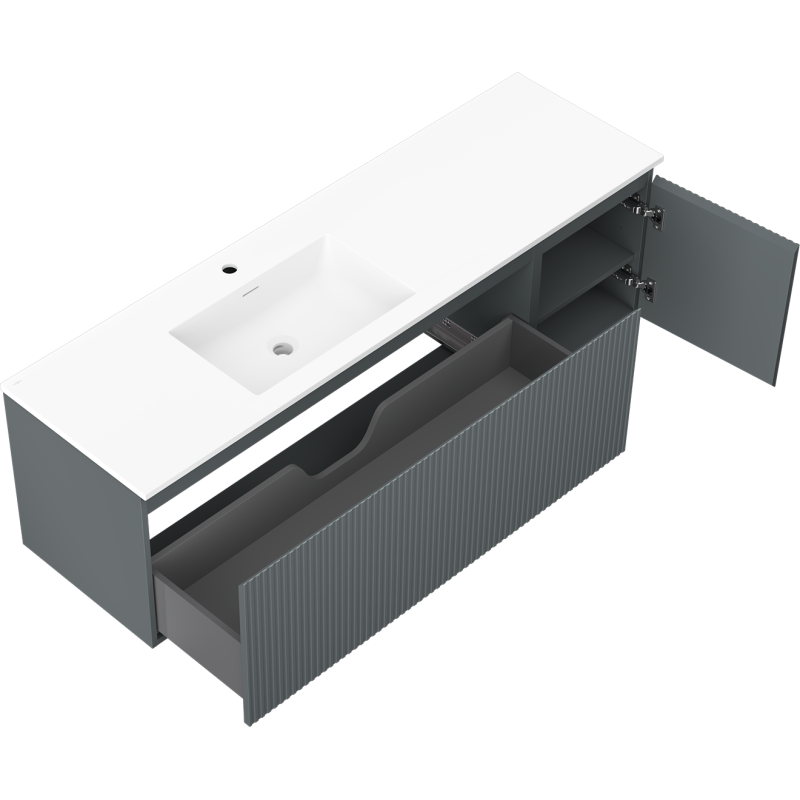 Mexen Rivel 160 cm vonios kambario spintelė su kairiąja Otis kriaukle, 1S, 1D, grioveliais, grafito matinė/balta matinė