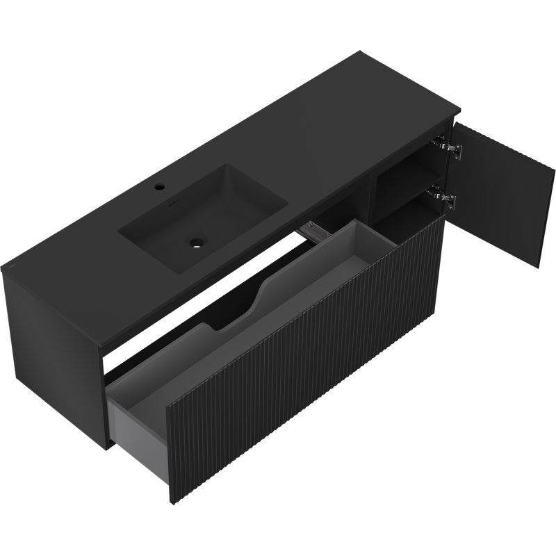 Mexen Rivel vonios spintelė 160 cm su Otis kairine praustuve, 1S, 1D, rifliuotas, juodas matinis - 91A23-16047-3-BBFF71-W18L71