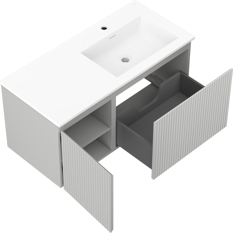 Mexen Rivel vonios kambario spintelė 100 cm su praustuvu Otis dešinėje, 1S, 1D, gofruota, pilka matinė/balta matinė