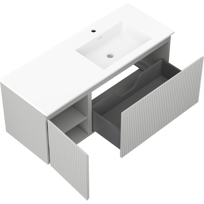 Mexen Rivel vonios kambario spintelė 120 cm su dešine Otis kriaukle, 1S, 1D, rifliuotas, pilkas matinis/baltas matinis