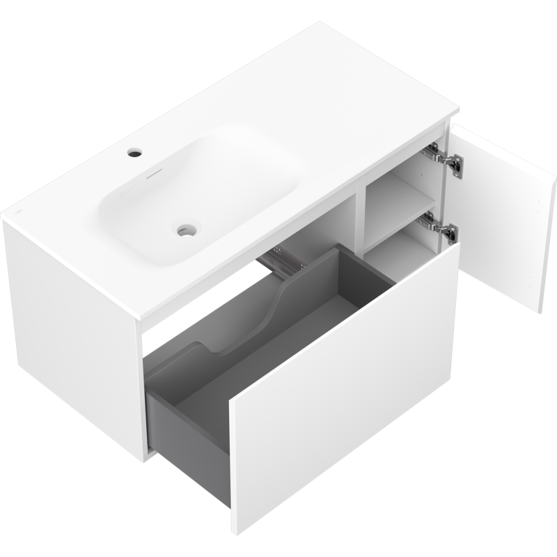 Mexen Orio vonios kambario spintelė 100 cm su praustuvu Vela kairė, 1S, 1D, balta matinė - 91A13-10047-3-BBFF01-W23L01