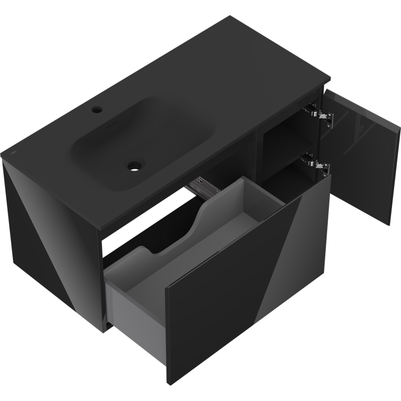 Mexen Orio vonios spintelė 100 cm su Vela kriaukle kairėje, 1S, 1D, blizgi juoda/matinė juoda - 91A13-10047-3-BBFF70-W23L71