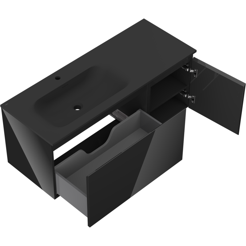 Mexen Orio vonios spintelė 120 cm su kriaukle Vela kairė, 1S, 1D, juoda blizga/juoda matinė - 91A13-12047-3-BBFF70-W23L71