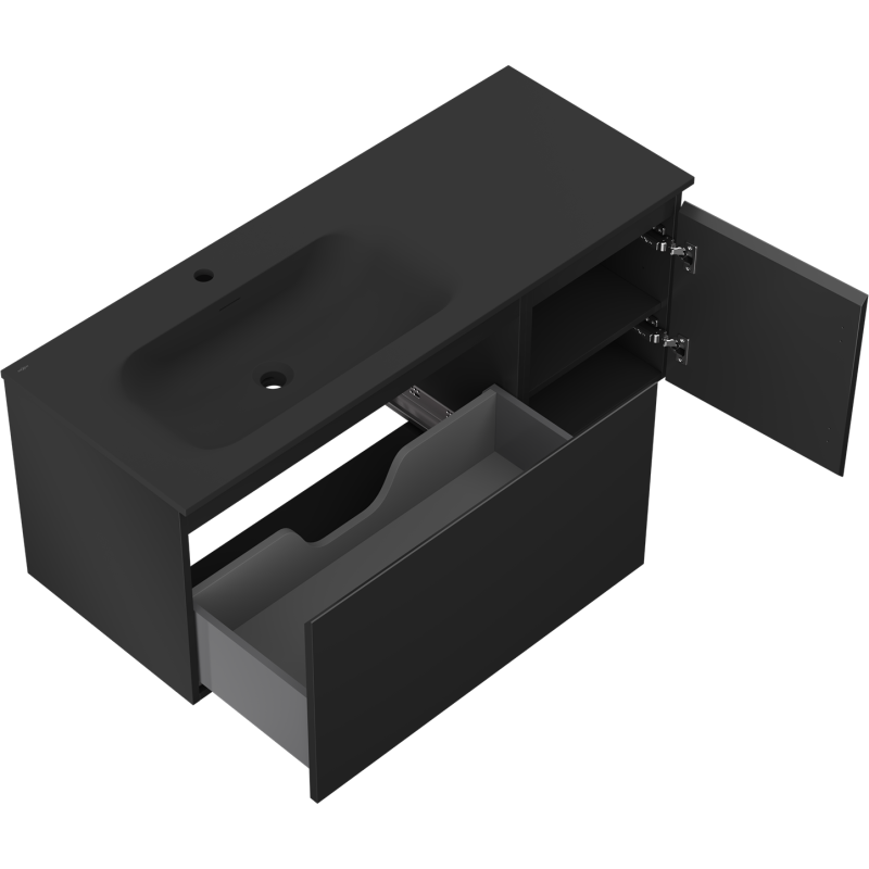 Mexen Orio vonios kambario spintelė 120 cm su Vela kairiąja praustuve, 1S, 1D, juoda matinė - 91A13-12047-3-BBFF71-W23L71