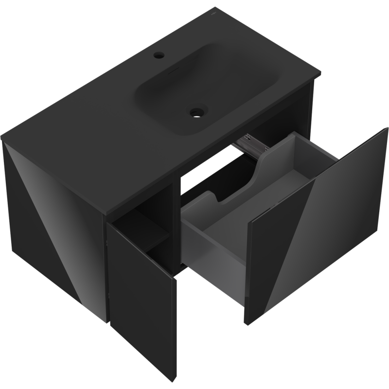 Mexen Orio vonios spintelė 90 cm su kriaukle Vela dešinė, 1S, 1D, juodas blizgesys/juodas matas - 91A13-09047-3-BBFF70-W23P71