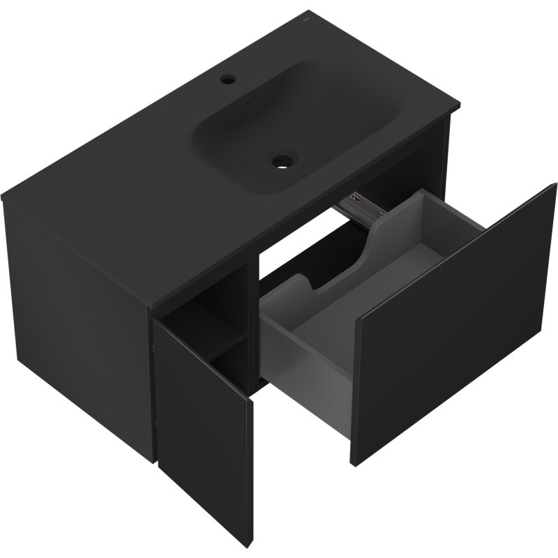 Mexen Orio vonios kambario spintelė 90 cm su dešiniąja Vela kriaukle, 1S, 1D, juoda matinė - 91A13-09047-3-BBFF71-W23P71