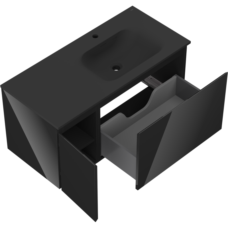 Mexen Orio vonios spintelė 100 cm su Vela kriaukle dešinine, 1S, 1D, juoda blizgi/juoda matinė - 91A13-10047-3-BBFF70-W23P71