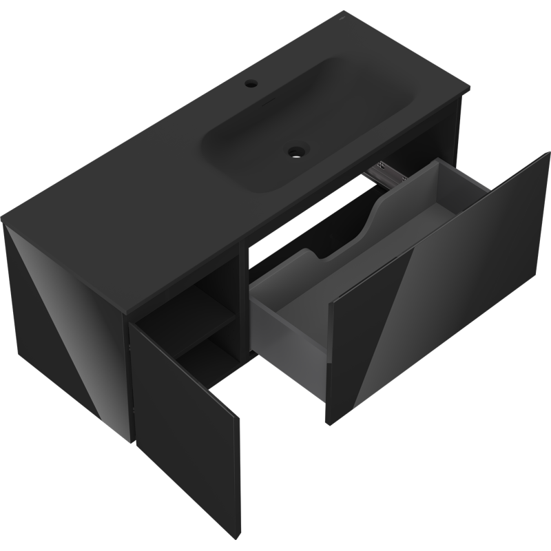 Mexen Orio 120 cm vonios spintelė su Vela kriaukle dešinėje, 1S, 1D, juoda blizgi/juoda matinė - 91A13-12047-3-BBFF70-W23P71