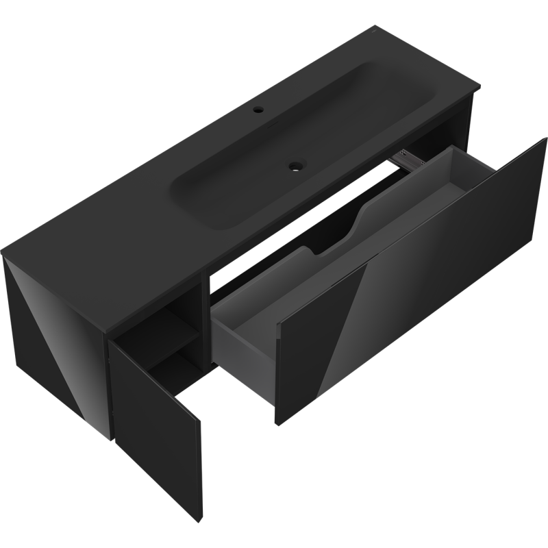 Mexen Orio vonios spintelė 160 cm su praustuvu Vela dešine, 1S, 1D, juoda blizgi/juoda matinė - 91A13-16047-3-BBFF70-W23P71